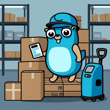 Go Blue Gopher holding a barcode scanner and checklist, standing near a forklift with packages, in simple cartoon style.
