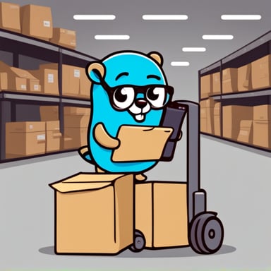 Go Blue Gopher holding a barcode scanner and checklist, standing near a forklift with packages, in simple cartoon style.