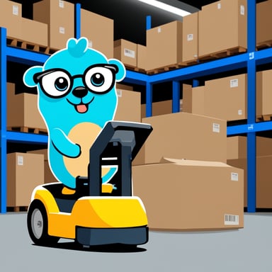 Go blue gopher holding barcode scanner and checklist, standing near forklift with packages.