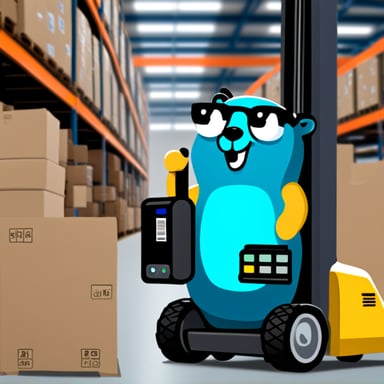 Go blue gopher holding barcode scanner and checklist, standing near forklift with packages.