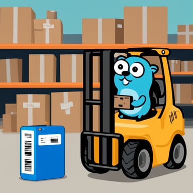 Go blue gopher holding barcode scanner and checklist, standing near forklift with packages.
