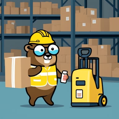 Go blue gopher holding barcode scanner and checklist, standing near forklift with packages.
