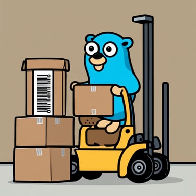 An official Go Blue Gopher holding a barcode scanner and checklist, standing near a forklift with packages.