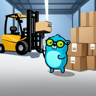 An official Go Blue Gopher holding a barcode scanner and checklist, standing near a forklift with packages.