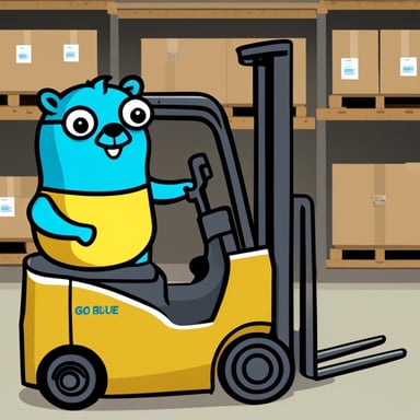 An official Go Blue Gopher holding a barcode scanner and checklist, standing near a forklift with packages.
