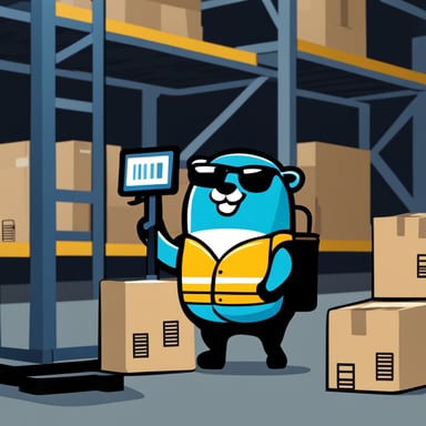 An official Go Blue Gopher holding a barcode scanner and checklist, standing near a forklift with packages.