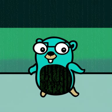 Go Blue Gopher in Matrix with green text background like Neo