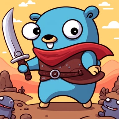 Happy Go Blue Gopher with sword fighting monsters.