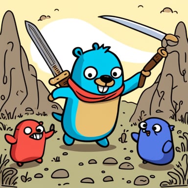 Happy Go Blue Gopher with sword fighting monsters.