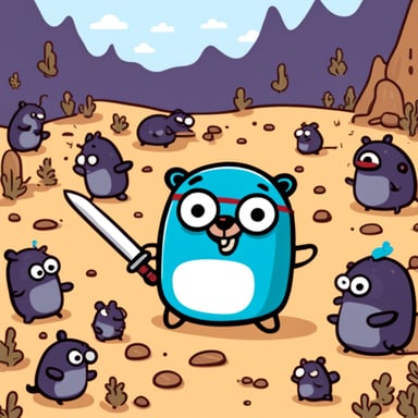 Happy Go Blue Gopher with sword fighting monsters.