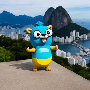 Go Blue Gopher holding a video frame roll at Rio de Janeiro.