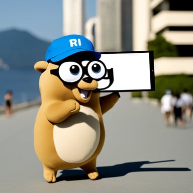 Go Blue Gopher holding a video frame roll at Rio de Janeiro.
