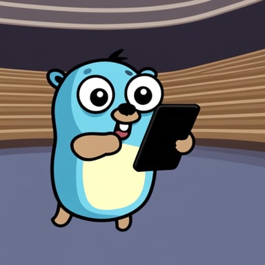 Go Blue Gopher holding a tablet playing Live Streaming without a background scene.