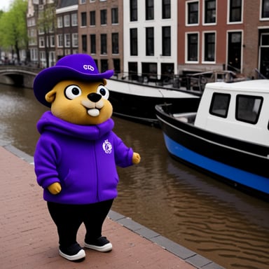 Go Blue Gopher with a purple shirt in Amsterdam.
