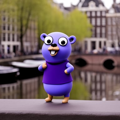 Go Blue Gopher with a purple shirt in Amsterdam.