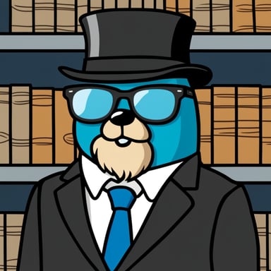 Go Blue Gopher, in a black formal suit, in a white shirt and black tie, with glasses, a beard, and medium-length hair.