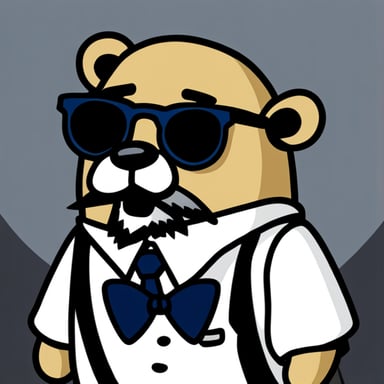 Go Blue Gopher, in a black formal suit, in a white shirt and black tie, with glasses, a beard, and medium-length hair.