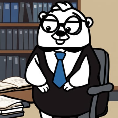 Go Blue Gopher, in a black formal suit, in a white shirt and black tie, with glasses, a beard, and medium-length hair.