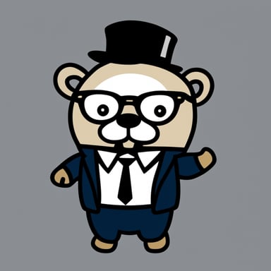 Go Blue Gopher, in a black formal suit, in a white shirt and black tie, with glasses, a beard, and medium-length hair.