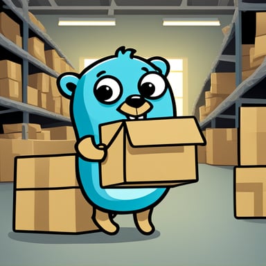 A 2D cartoon-style drawing of Go Blue Gopher looking happy as he holds a package, appearing to work in a warehouse.