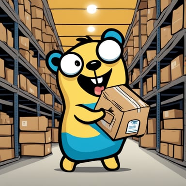 A 2D cartoon-style drawing of Go Blue Gopher looking happy as he holds a package, appearing to work in a warehouse.