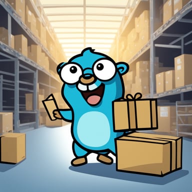 A 2D cartoon-style drawing of Go Blue Gopher looking happy as he holds a package, appearing to work in a warehouse.