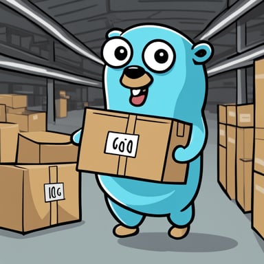 A 2D cartoon-style drawing of Go Blue Gopher looking happy as he holds a package, appearing to work in a warehouse.
