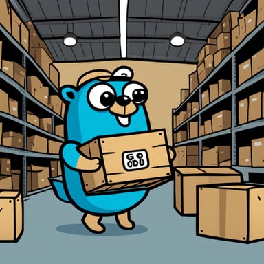 A 2D cartoon-style drawing of Go Blue Gopher looking happy as he holds a crate, appearing to work in a warehouse.