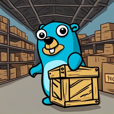 A 2D cartoon-style drawing of Go Blue Gopher looking happy as he holds a crate, appearing to work in a warehouse.