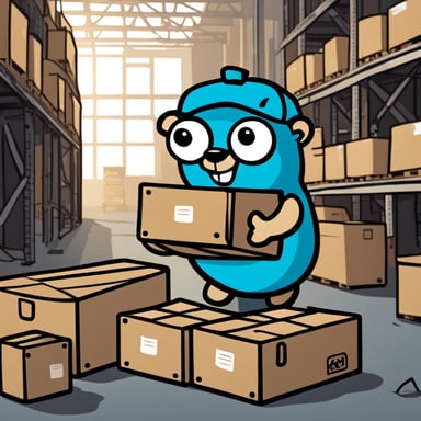 A 2D cartoon-style drawing of Go Blue Gopher looking happy as he holds a crate, appearing to work in a warehouse.