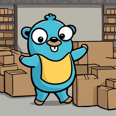A 2D cartoon-style drawing of Go Blue Gopher looking happy as he holds a crate, appearing to work in a warehouse.