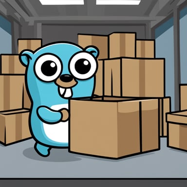 A 2D cartoon-style drawing of Go Blue Gopher looking happy as he holds a crate, wearing a uniform, appearing to work in a warehouse.