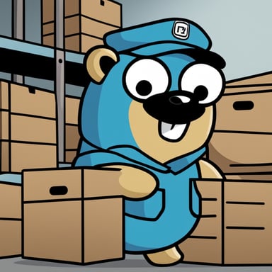 A 2D cartoon-style drawing of Go Blue Gopher looking happy as he holds a crate, wearing a uniform, appearing to work in a warehouse.