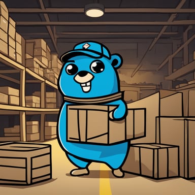 A 2D cartoon-style drawing of Go Blue Gopher looking happy as he holds a crate, wearing a uniform, appearing to work in a warehouse.