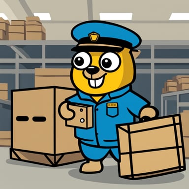 A 2D cartoon-style drawing of Go Blue Gopher looking happy as he holds a crate, wearing a uniform, appearing to work in a warehouse.