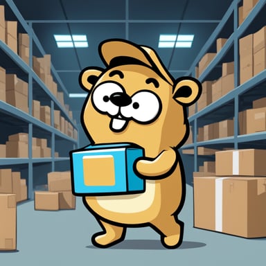 A 2D cartoon-style drawing of Go Blue Gopher looking happy as he holds a package, wearing a uniform, appearing to work in a warehouse.
