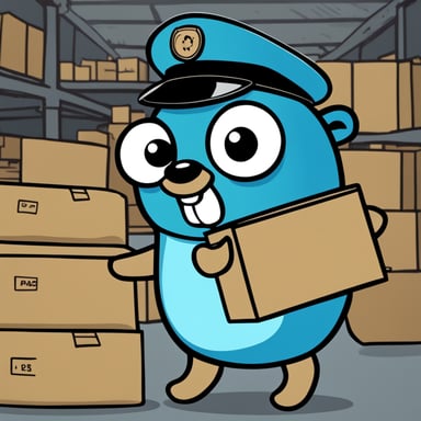 A 2D cartoon-style drawing of Go Blue Gopher looking happy as he holds a package, wearing a uniform, appearing to work in a warehouse.