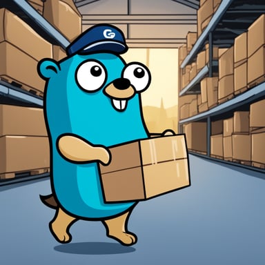 A 2D cartoon-style drawing of Go Blue Gopher looking happy as he holds a package, wearing a uniform, appearing to work in a warehouse.