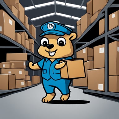 A 2D cartoon-style drawing of Go Blue Gopher looking happy as he holds a package, wearing a uniform, appearing to work in a warehouse.