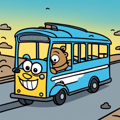 A 2D cartoon-style drawing of Go Blue Gopher looking happy as he drives a bus wearing a uniform.