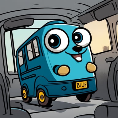 A 2D cartoon-style drawing of Go Blue Gopher looking happy as he drives a bus wearing a uniform.