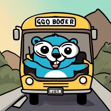 A 2D cartoon-style drawing of Go Blue Gopher looking happy as he drives a bus wearing a uniform.