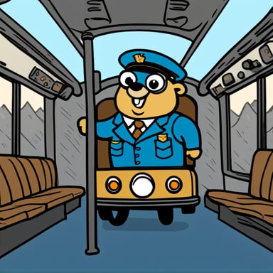 A 2D cartoon-style drawing of Go Blue Gopher looking happy as he drives a bus wearing a uniform.