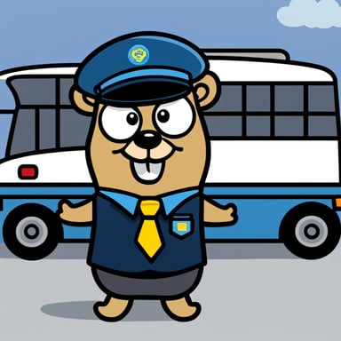 A 2D cartoon of Go Blue Gopher wearing a bus driver's uniform, looking happy.