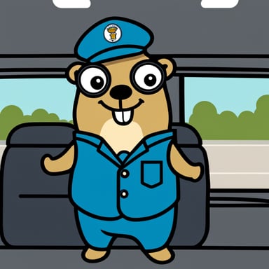 A 2D cartoon of Go Blue Gopher wearing a bus driver's uniform, looking happy.