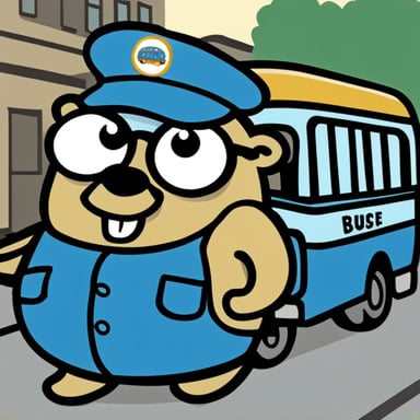 A 2D cartoon of Go Blue Gopher wearing a bus driver's uniform, looking happy.