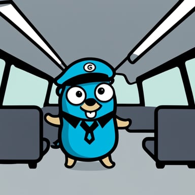 A 2D cartoon of Go Blue Gopher wearing a bus driver's uniform, looking happy.