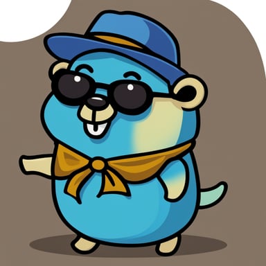 A go blue gopher in 2D style, wearing a tie-dye and glasses.