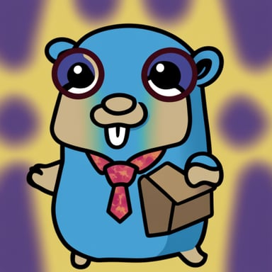 A go blue gopher in 2D style, wearing a tie-dye shirt.