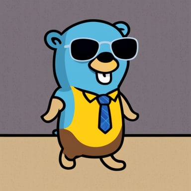 A go blue gopher in 2D style, wearing a tie-dye shirt.